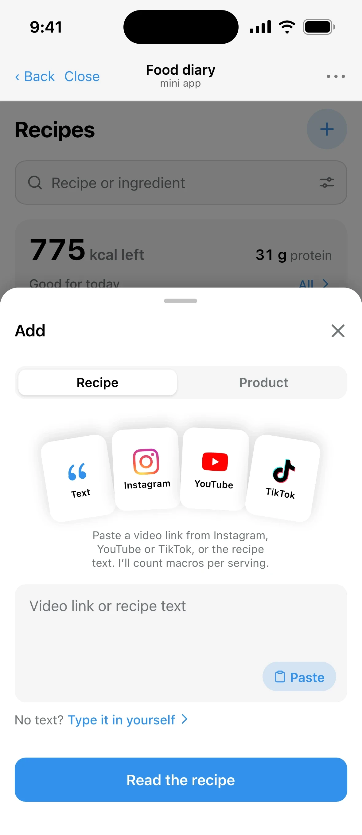 PlanPan add sheet: add a recipe or a product, or import a recipe from a link