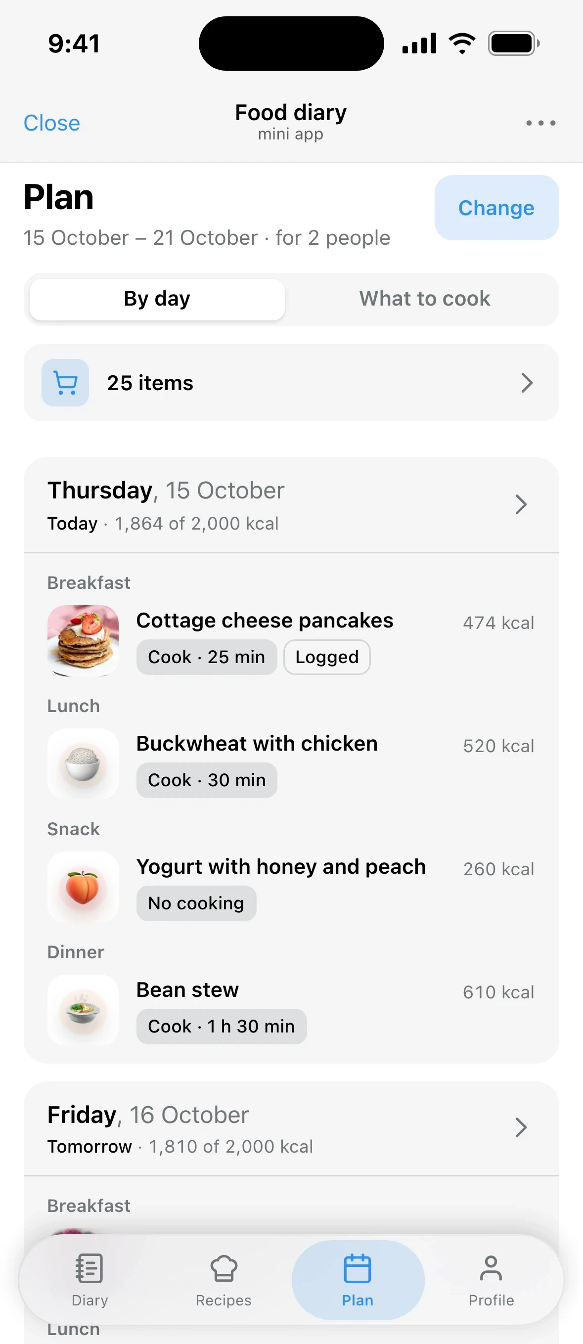 PlanPan weekly meal plan with meals for each day
