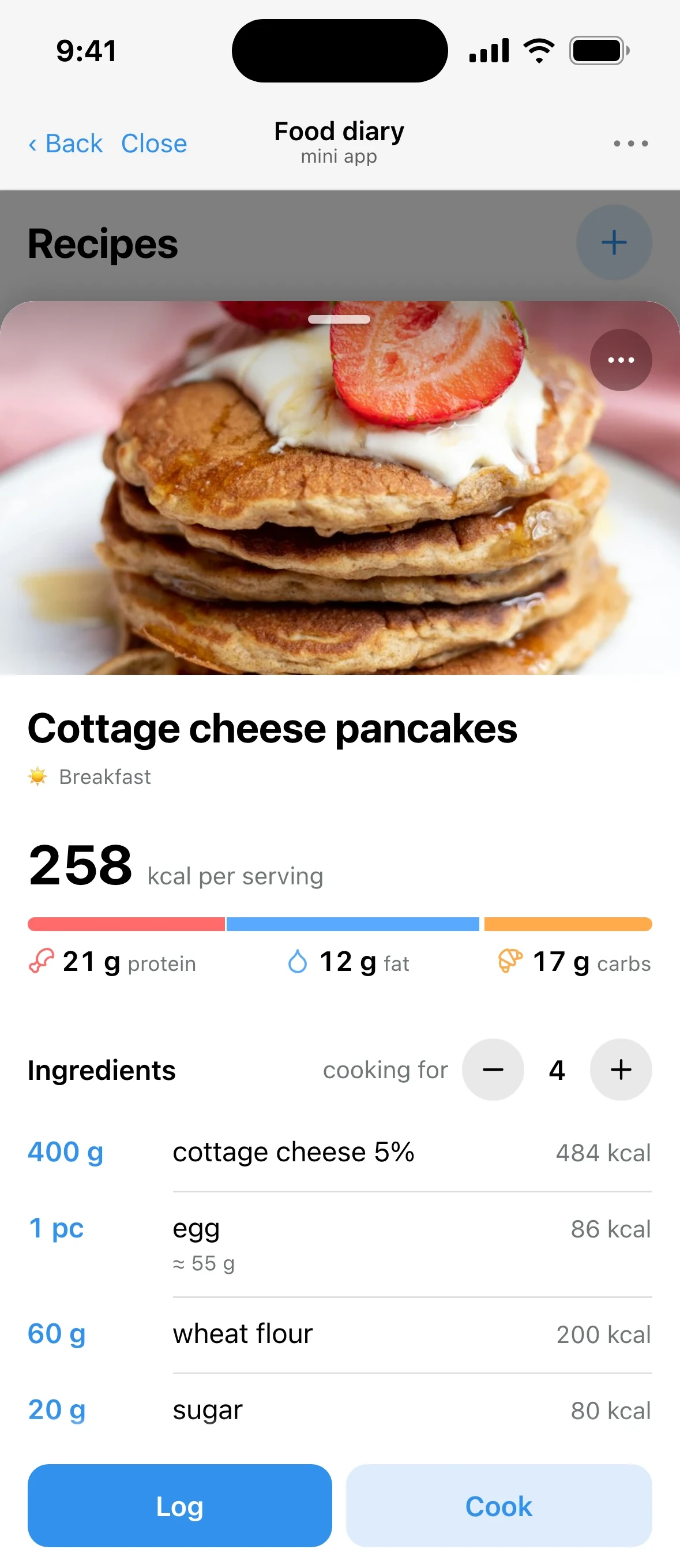 PlanPan recipe card for cottage cheese pancakes with calories, macros and ingredients