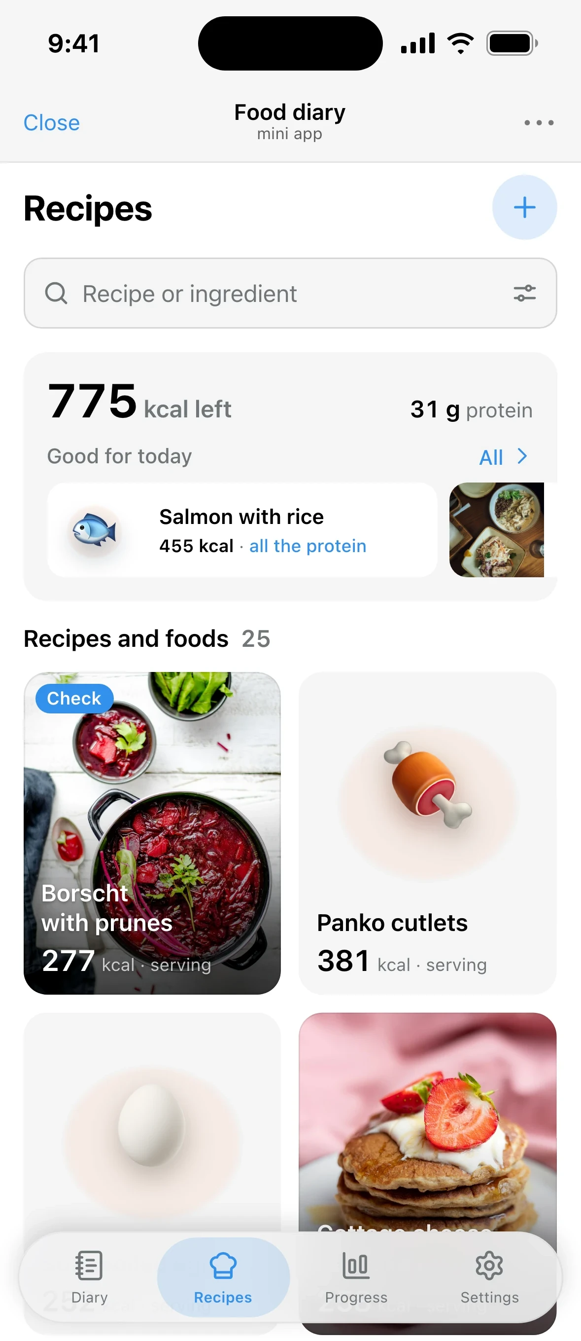 PlanPan recipe shelf with saved recipes