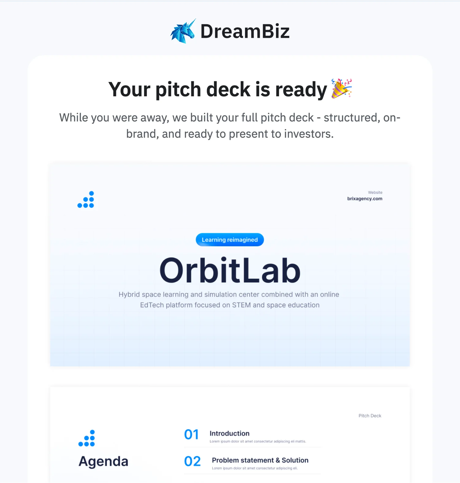 Email — Pitch deck is ready