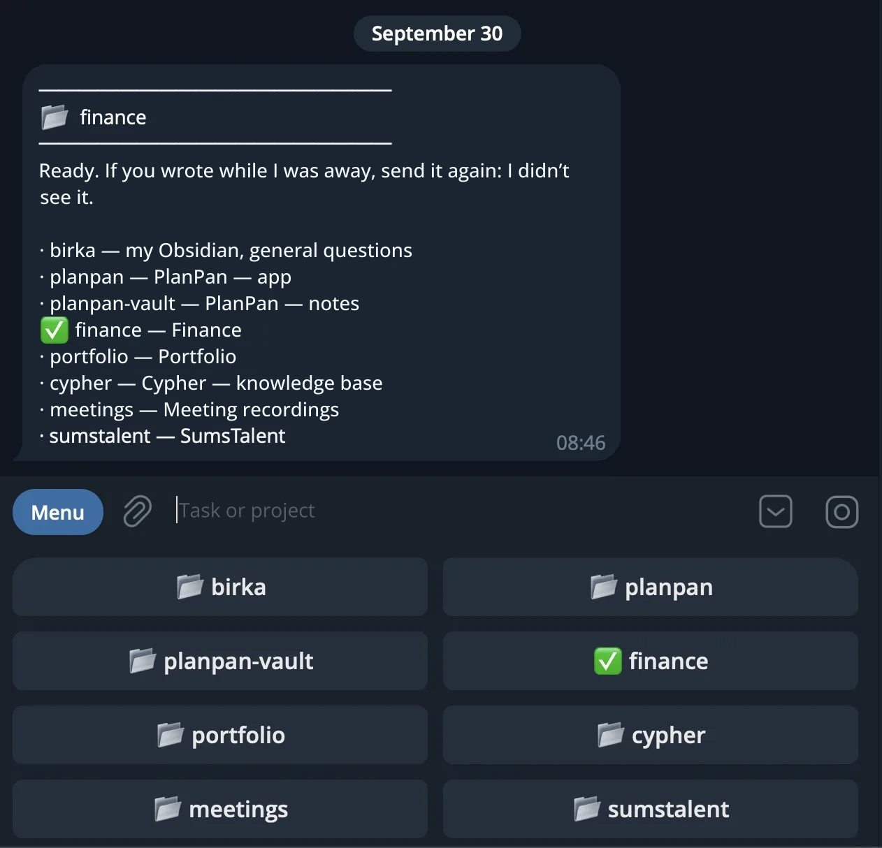Project picker in the Claude Telegram bot
