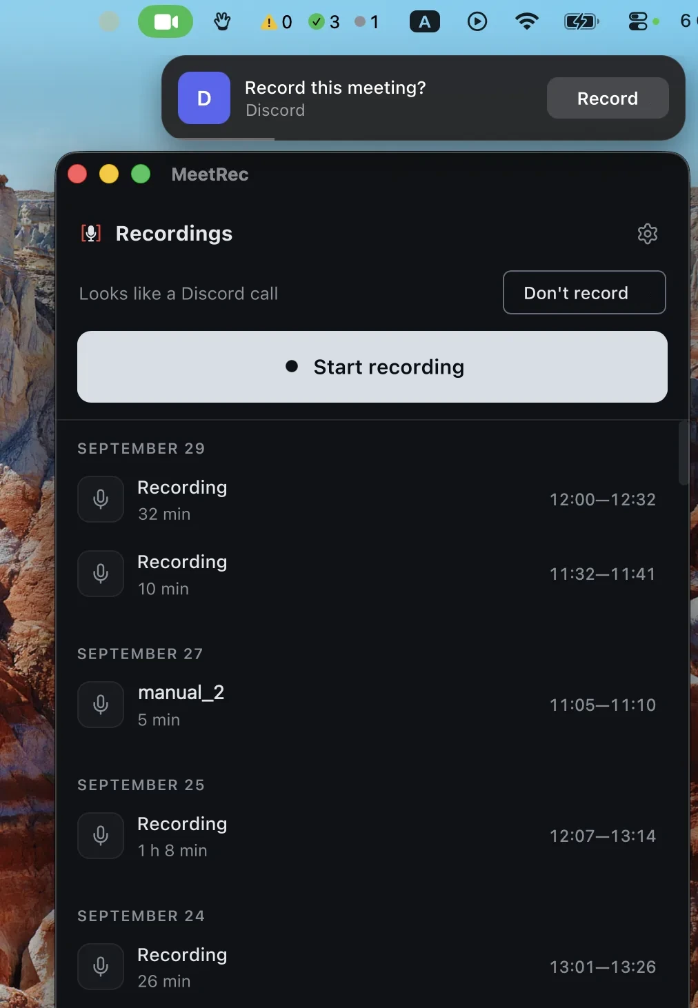 Meeting Recorder window with recorded calls